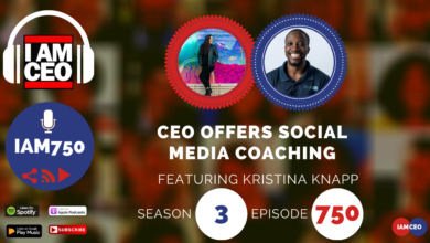 Podcast episode cover: "CEO Offers Social Media Coaching" featuring Kristina Knapp. Season 3, Episode 750. Available on Spotify, Apple Podcasts, and Google Play Music.