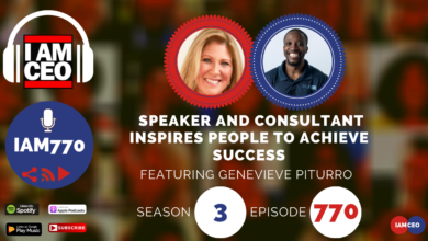 Podcast cover art featuring a female speaker and a male host. Text reads: "Speaker and Consultant Inspires People to Achieve Success featuring Genevieve Piturro. Season 3, Episode 770.