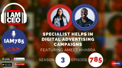 Podcast cover image featuring guests Ameet Khabra and another speaker, promoting an episode on digital advertising campaigns. Text includes "Season 3 Episode 785" and streaming platforms like Spotify and Google Play Music.