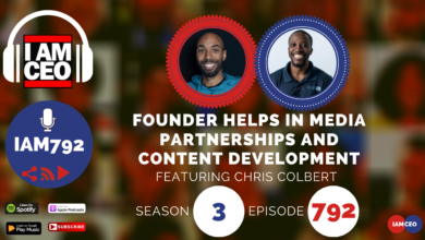 Podcast episode with title "Founder Helps in Media Partnerships and Content Development" featuring Chris Colbert. Episode details: IAM792, Season 3, Episode 792. Available on Spotify, Google Podcasts, and Apple Podcasts.