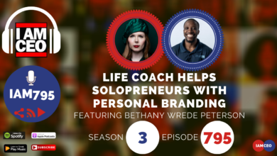 Podcast episode cover with text: "Life Coach Helps Solopreneurs with Personal Branding. Featuring Bethany Wrede Peterson. Season 3, Episode 795." Includes images of two speakers and various podcast platform logos.