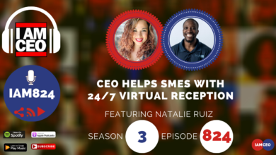 Podcast cover image for "I Am CEO," season 3, episode 824. The episode features Natalie Ruiz discussing how a CEO helps SMEs with 24/7 virtual reception. Logos of Spotify, Apple Podcasts, and Google Play Music included.