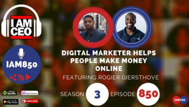 Podcast promotional image featuring digital marketer Rogier Giersthove. The text highlights "Season 3, Episode 850" and "Digital Marketer Helps People Make Money Online." Logos of Spotify, Apple Podcasts, and Google Podcasts are present.