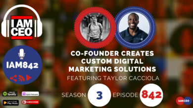 Podcast episode promotional image featuring a discussion on custom digital marketing solutions with co-founder Taylor Cacciola. Season 3, Episode 842. Available on Spotify, Google Podcasts, and Apple Podcasts.