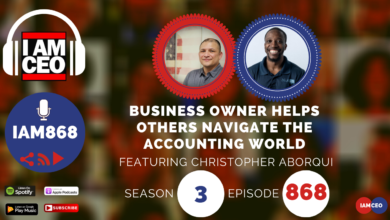 Podcast episode banner titled "Business Owner Helps Others Navigate the Accounting World" featuring Christopher Aborqui (Season 3, Episode 868). Includes podcast logos and listening platforms.