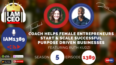 Podcast cover promoting an episode about coaching female entrepreneurs. Features podcast hosts' images and episode details for Season 5, Episode 1389, spotlighting the journey of inspiring female entrepreneus.