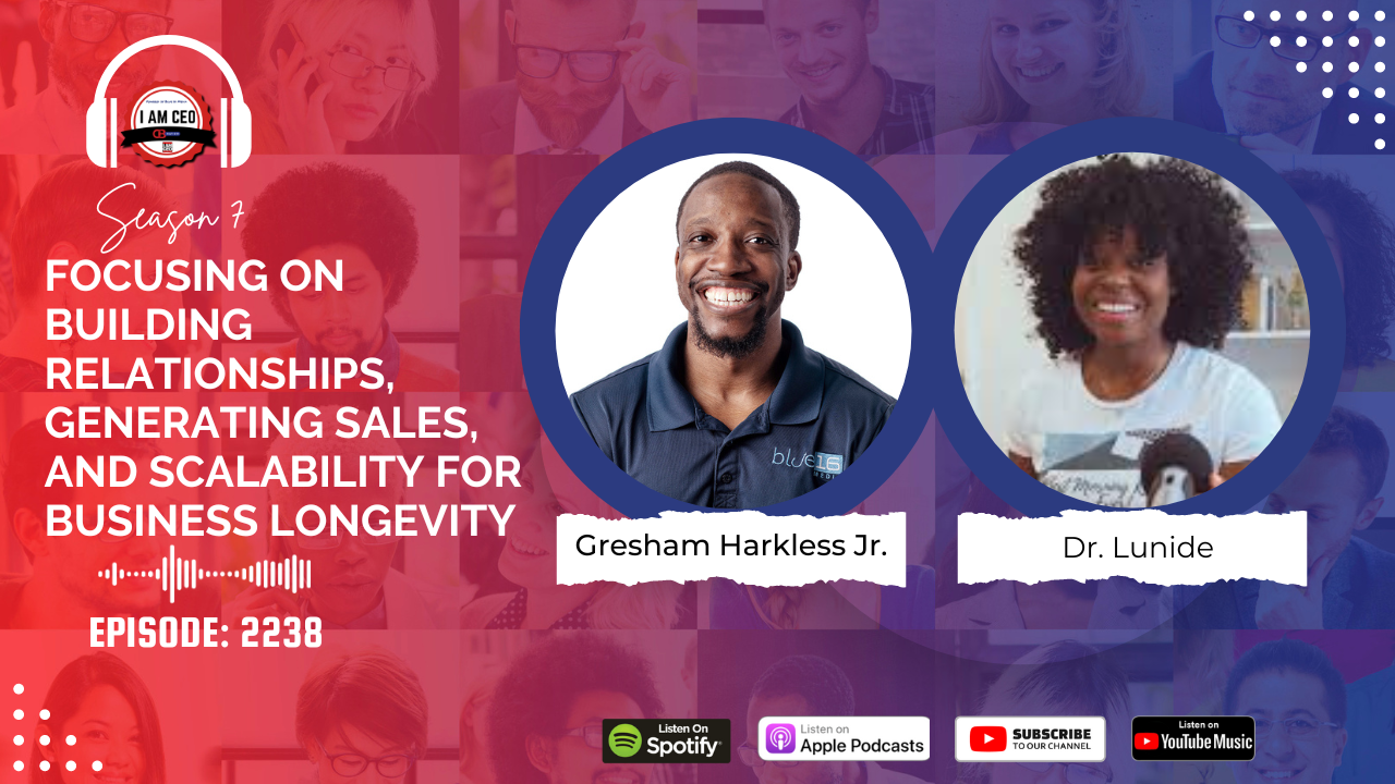 Podcast episode banner featuring Gresham Harkless Jr. and Dr. Lunide discussing building relationships, generating sales, and scalability for business longevity, with logos for Spotify, Apple Podcasts, and YouTube.