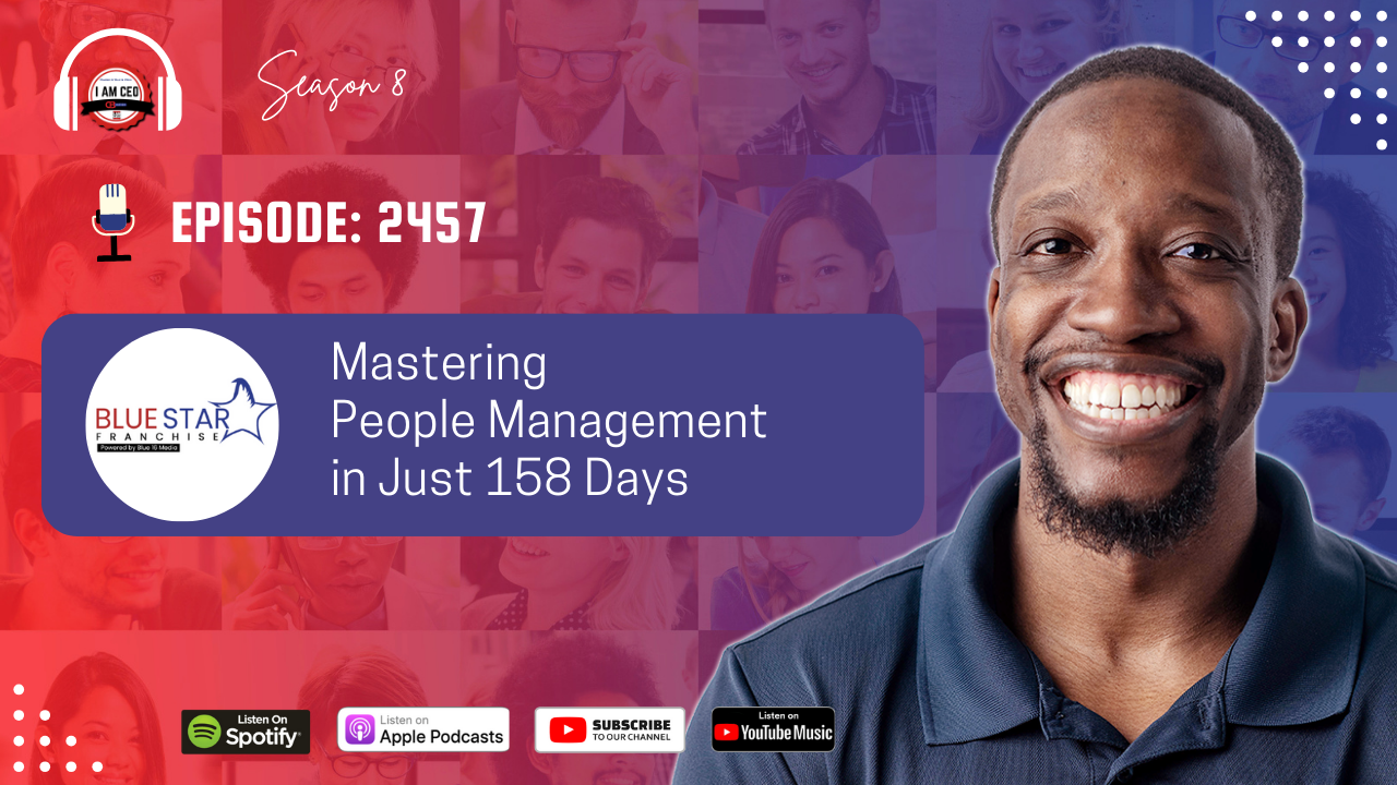 A smiling man stands beside a banner that reads "Mastering People Management in Just 158 Days" with various podcast platforms and episode details displayed.