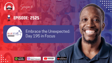 A smiling man stands in front of a colorful backdrop with podcast and sponsor logos. Text reads "Embrace the Unexpected: Day 195 in Focus, Episode: 2525, Season 8.