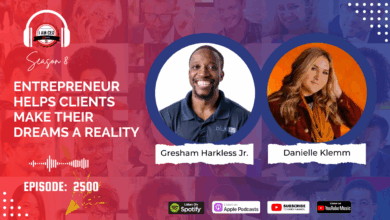 Podcast episode promo featuring Gresham Harkless Jr. and Danielle Klemm with the text "Entrepreneur helps clients make their dreams a reality" and platform icons at the bottom.