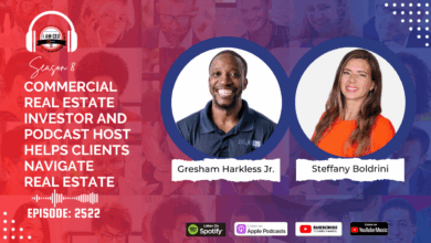 Podcast episode promotional graphic featuring Gresham Harkless Jr. and Stefanny Boldrini, discussing commercial real estate investment. Streaming options and episode number are also shown.