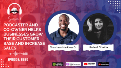 Podcast episode featuring Gresham Harkless Jr. and Hadeel Ghaida discussing strategies for business growth and increasing sales, with podcast platform logos and episode details.