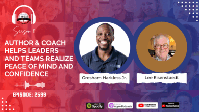 Podcast episode promotional graphic featuring hosts Gresham Harkless Jr. and Lee Eisenstaedt with text: "Author & Coach Helps Leaders and Teams Realize Peace of Mind and Confidence. Episode: 2599.