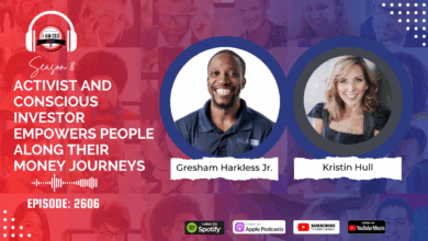 Podcast episode promotional graphic featuring headshots of Gresham Harkless Jr. and Kristin Hull, with the title, "Activist and Conscious Investor Empowers People Along Their Money Journeys.