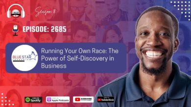 A man smiling in front of a digital background promoting a podcast episode titled "Running Your Own Race: The Power of Self-Discovery in Business," with various podcast platform logos.