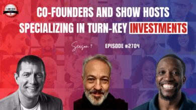Three men are pictured below text promoting a podcast episode about co-founders and show hosts specializing in turn-key investments, with the episode number 2704 and season 9 indicated.