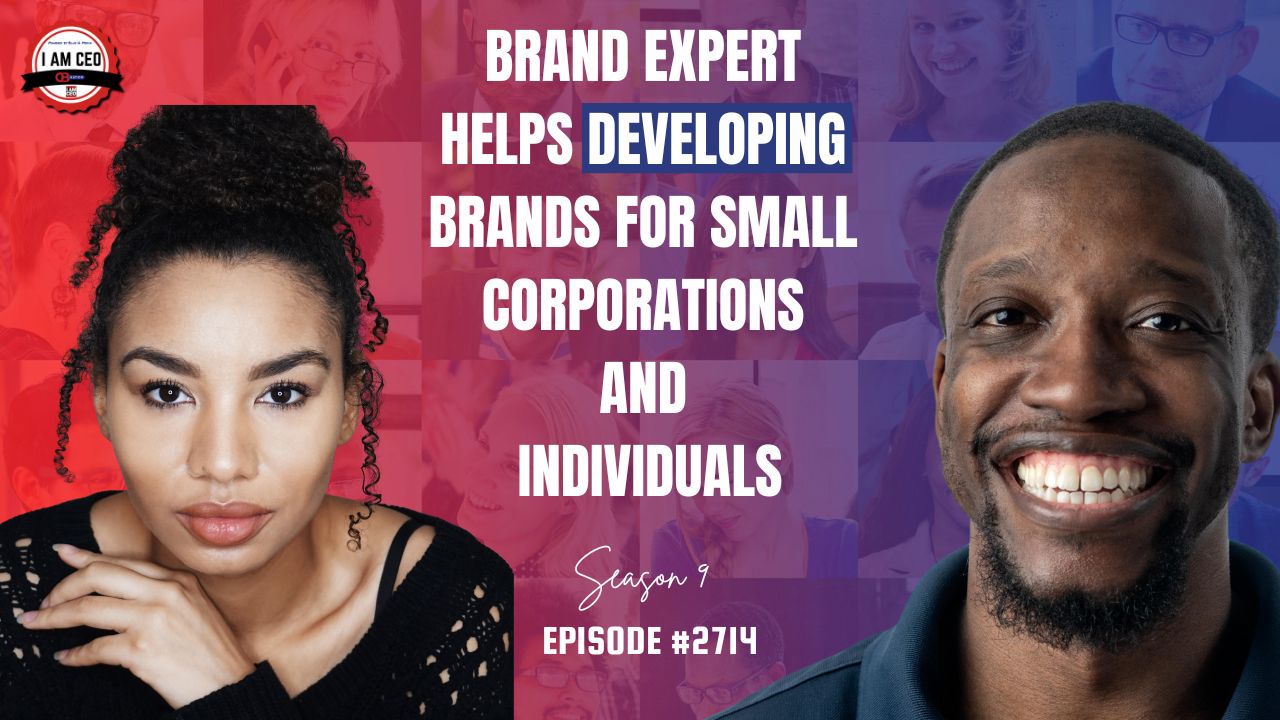 A woman and a man are shown side by side with text promoting a podcast episode about brand development for small corporations and individuals.