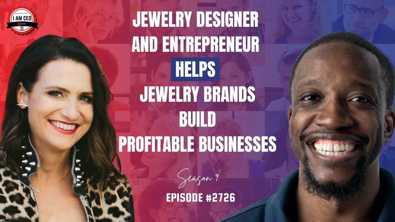 A woman and a man smile at the camera, with text in the center promoting a podcast episode about jewelry designers helping brands build profitable businesses.