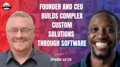 Two men smiling in front of a collage background with the text: "Founder and CEO builds complex custom solutions through software. Season 9, Episode #2739.