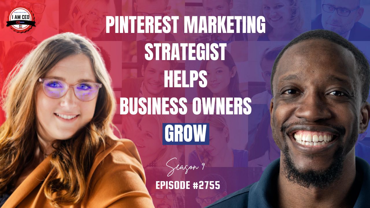 A woman and a man are smiling in front of a background with text promoting a podcast episode about Pinterest marketing for business owners, labeled as Season 9 Episode #2755.