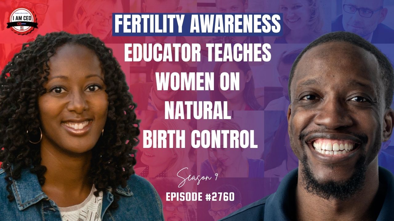 Two people smiling in front of a background with text promoting a podcast episode about fertility awareness and natural birth control. Text includes "Educator teaches women on natural birth control.