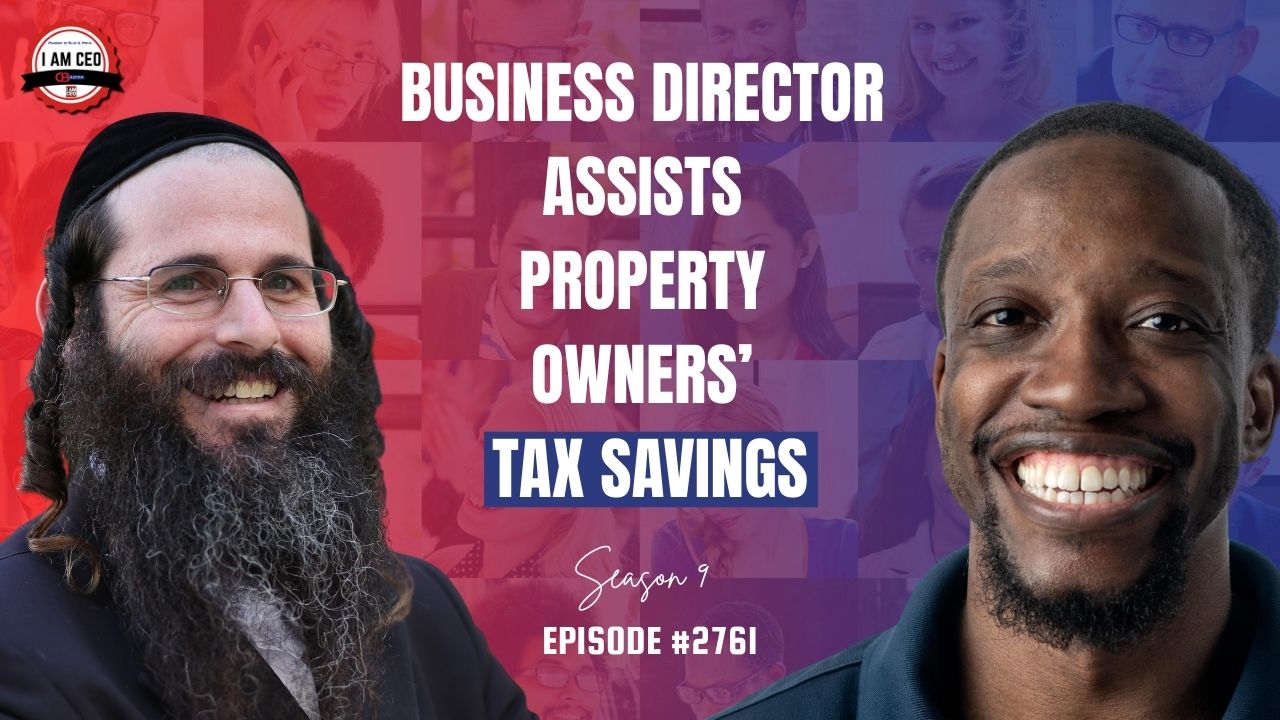 Two men smiling in front of a colorful background with text promoting a podcast episode about business director tax savings for property owners.