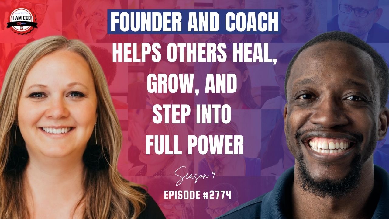 Two people smiling in front of a red and blue background with text promoting a podcast episode about a founder and coach helping others heal, grow, and step into full power.