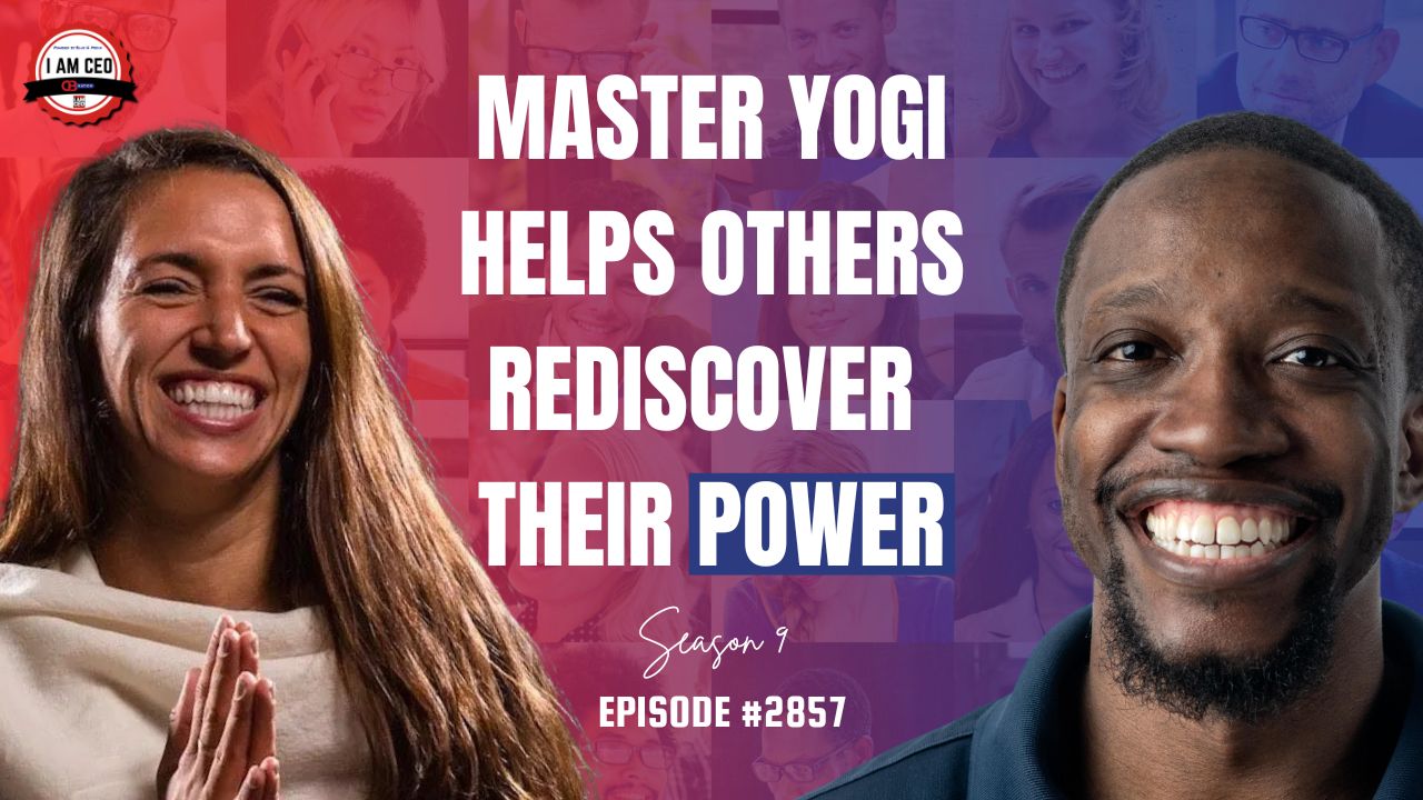 Two people smiling with text overlay: "Master Yogi Helps Others Rediscover Their Power. Season 9, Episode #2857." Background features faded headshots of various people.