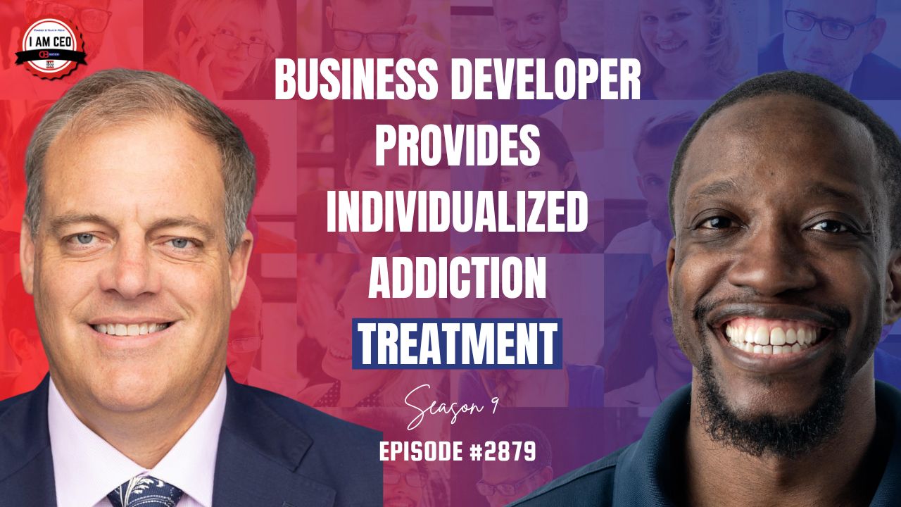 Two men are smiling in front of a collage background, with text promoting an episode about a business developer offering individualized addiction treatment.