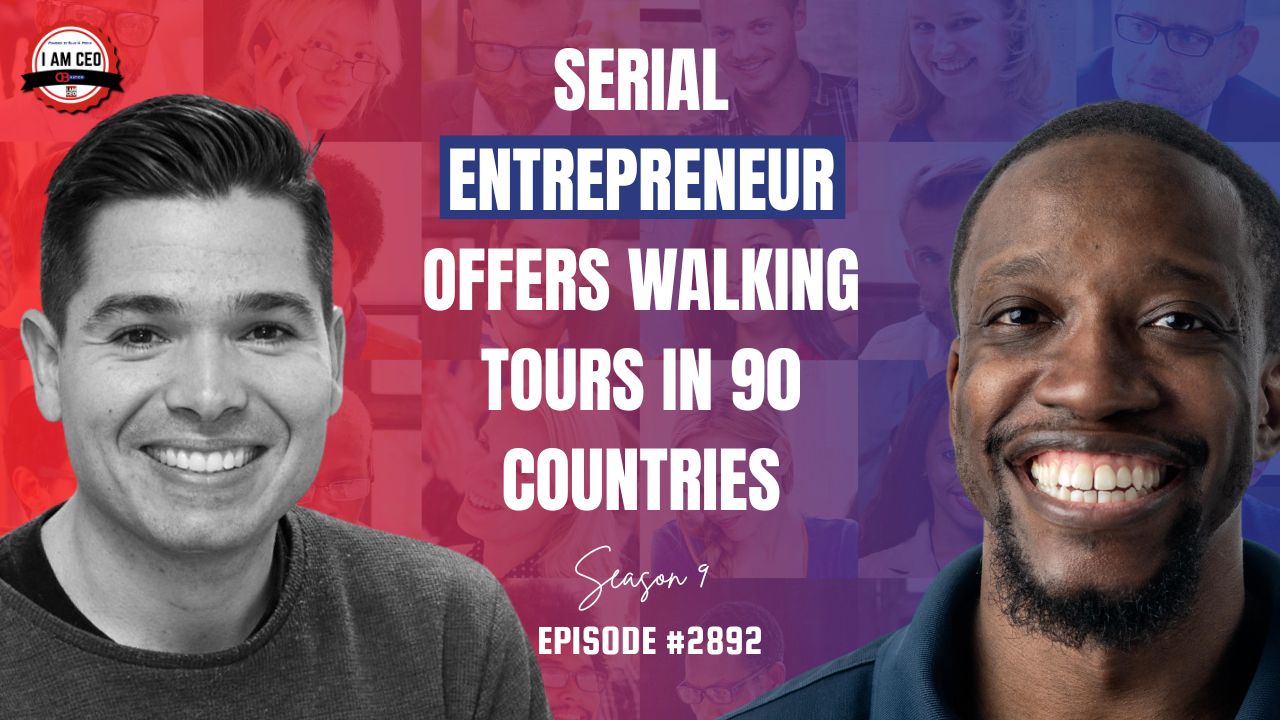 Two men smiling with text: "Serial entrepreneur offers walking tours in 90 countries. Season 9, episode #2892." Background includes multiple faded faces.