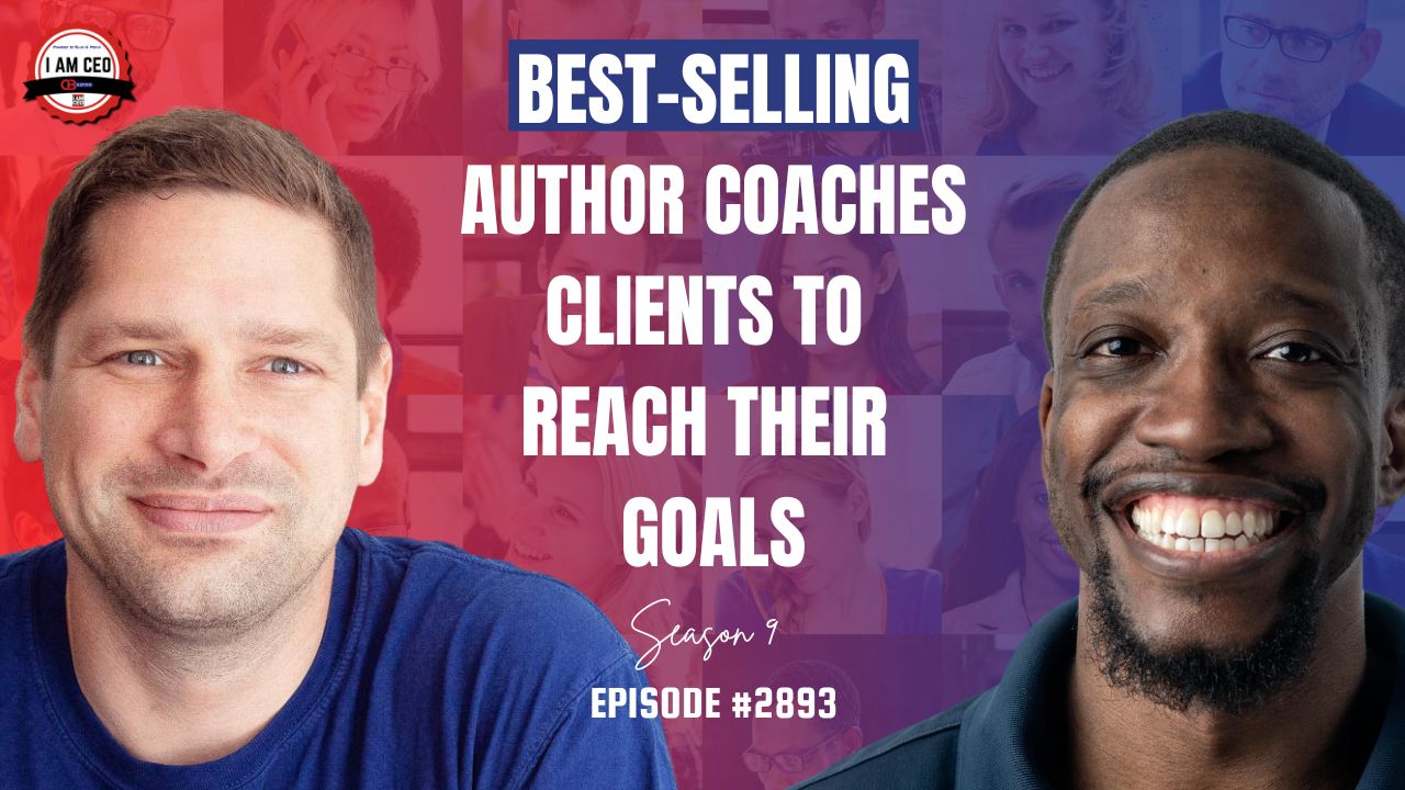 Two men smiling with text: "Best-selling author coaches clients to reach their goals. Season 9, Episode #2893." Background shows blurred faces of people. Two men smiling with text: "Best-selling author coaches clients to reach their goals. Season 9, Episode #2893." Background shows blurred faces of people.