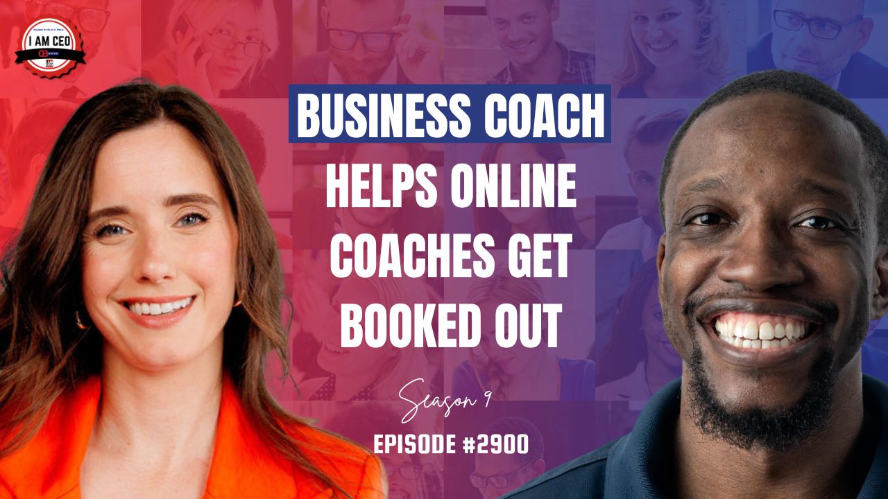 Two people smiling in front of a purple background with text: "Retail executive helps businesses navigate product development. Season 9, Episode #2899. Two people smiling in front of a purple background with text: "Retail executive helps businesses navigate product development. Season 9, Episode #2899.