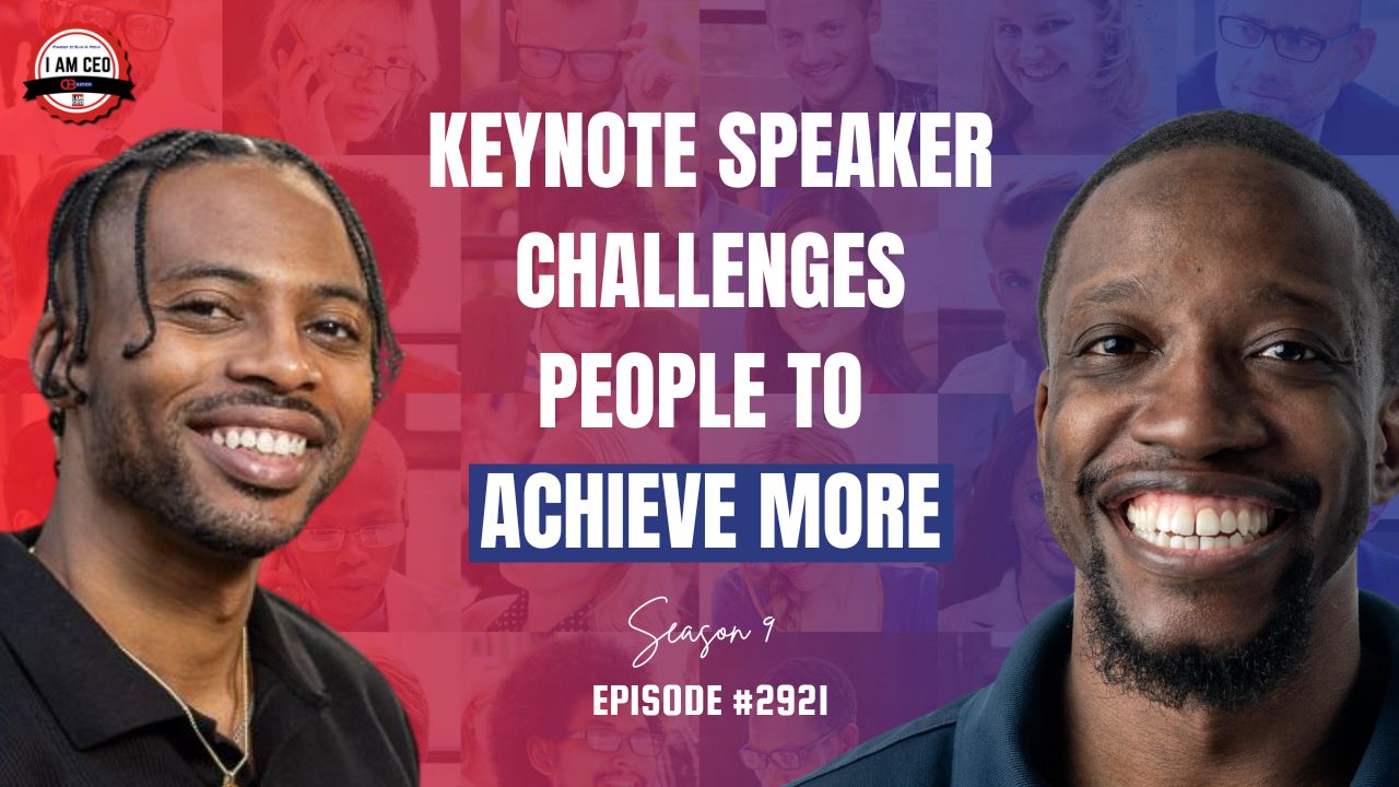 Two smiling men are featured in front of a blurred crowd, with the text: “Keynote speaker challenges people to achieve more. Season 9, Episode #2921.”. Two smiling men are featured in front of a blurred crowd, with the text: “Keynote speaker challenges people to achieve more. Season 9, Episode #2921.”.