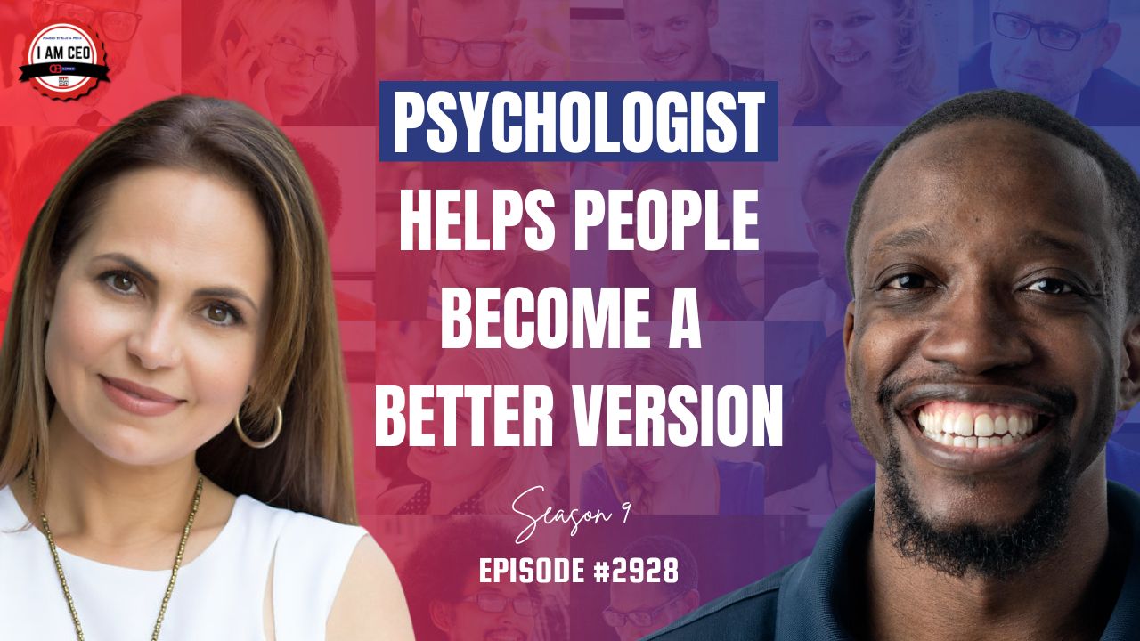 Two people are in front of a collage of faces, with overlaid text: “Psychologist helps people become a better version. Season 9, Episode #2928.”.