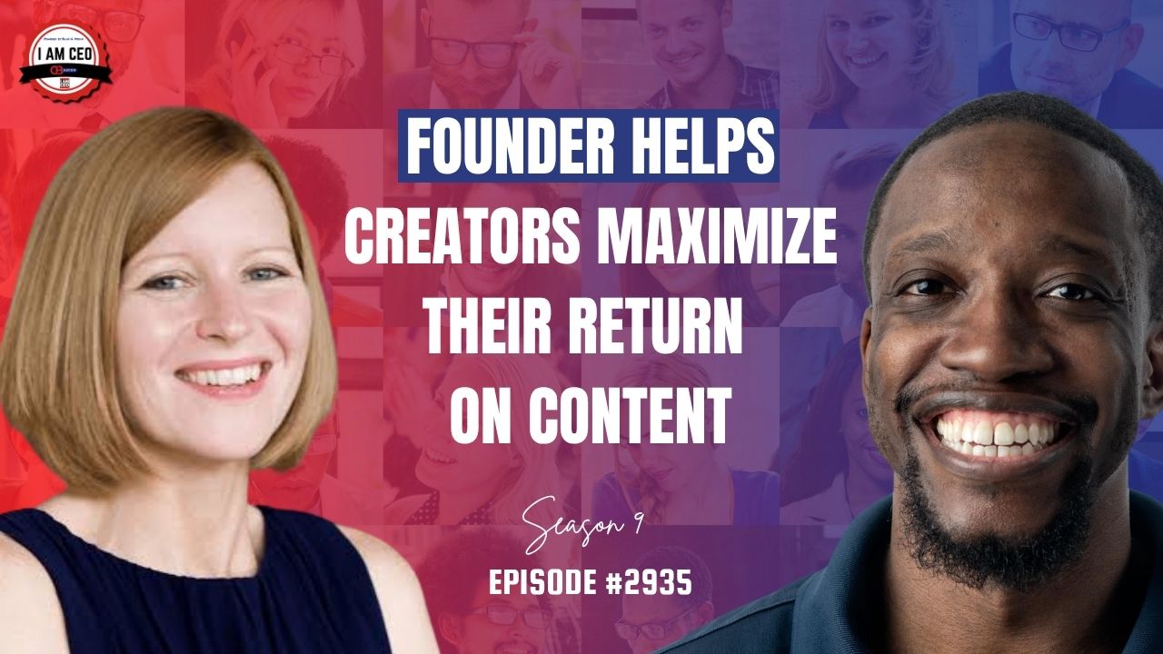 Two smiling people in front of a collage background; text reads, “Founder helps creators maximize their return on content, Season 9, Episode #2935.”. Two smiling people in front of a collage background; text reads, “Founder helps creators maximize their return on content, Season 9, Episode #2935.”.