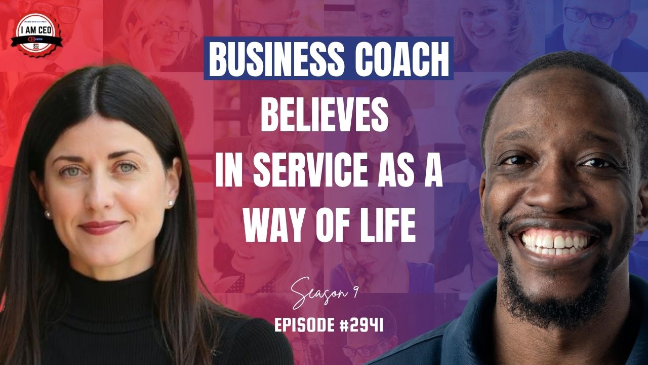 Two people, a woman on the left and a man on the right, with text: “Business Coach Believes in Service as a Way of Life. Season 9, Episode #2941.”. Two people, a woman on the left and a man on the right, with text: “Business Coach Believes in Service as a Way of Life. Season 9, Episode #2941.”.
