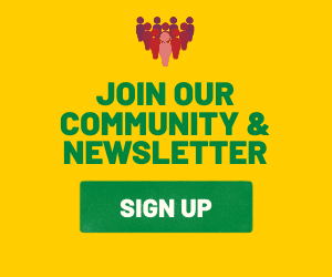 Yellow banner with an icon of people at the top, text reading "Join our community & newsletter" in green and a green "Sign Up" button.