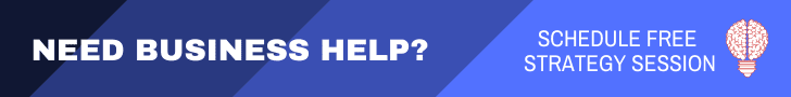 Blue banner with the text "NEED BUSINESS HELP? SCHEDULE FREE STRATEGY SESSION" alongside an icon of a light bulb made of interconnected lines.