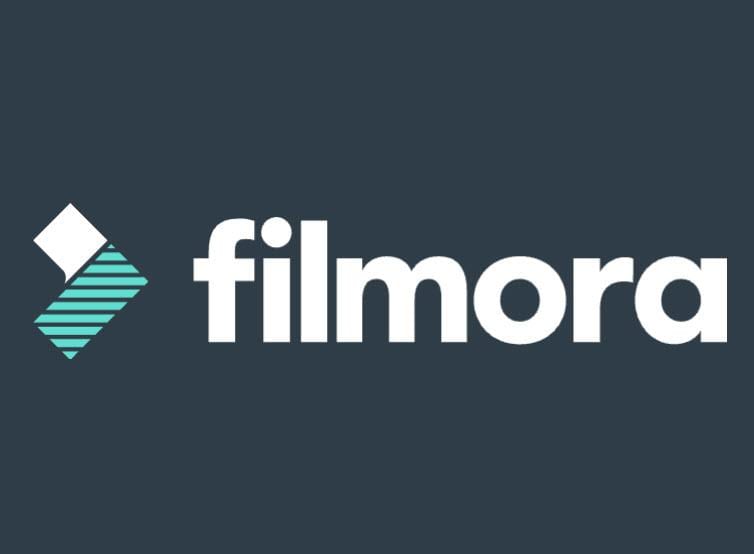 Filmora logo featuring a stylized geometric shape to the left and the word "filmora" in lowercase, white letters on a dark background.