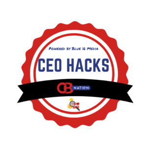 A circular badge with a red scalloped edge and white center. It reads "Powered by Blue 16 Media" and "CEO Hacks" over a black banner with the CB Nation logo. An icon of a magnifying glass and light bulb is at the bottom.