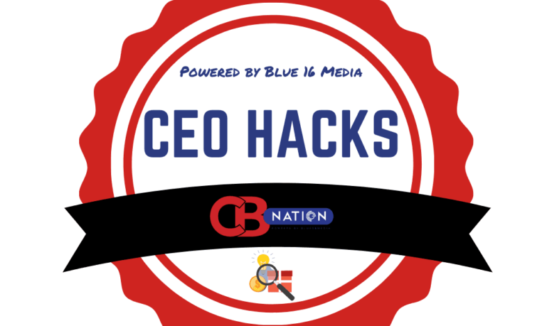 A circular red and white badge with "Powered by Blue 16 Media" and "CEO HACKS" written on it. A black banner with "CB Nation" logo crosses the middle. A search icon is at the bottom.