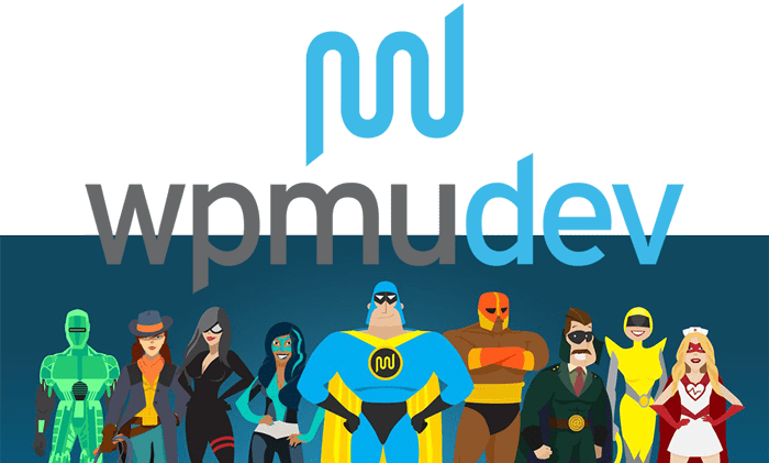 A group of superhero-themed characters stands below a logo with stylized text, "WPMU DEV.