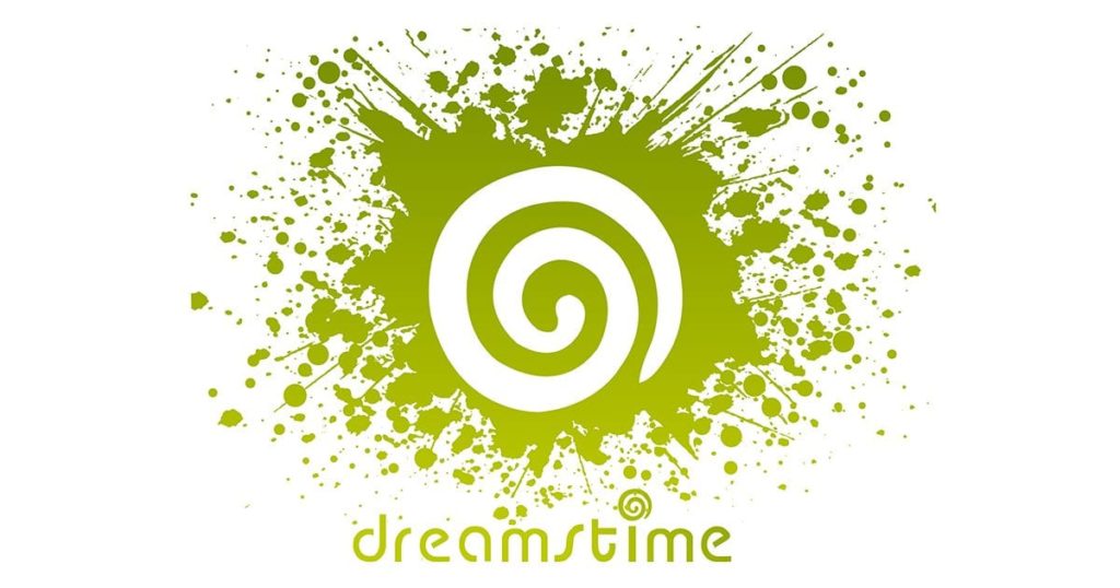 Green spiral logo with splatter design, with the text "dreamstime" written below it.