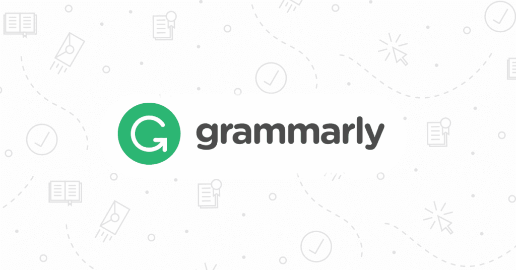 Grammarly logo with a green "G" and the text "Grammarly" on a background with various icons like checkmarks, books, and light bulbs.