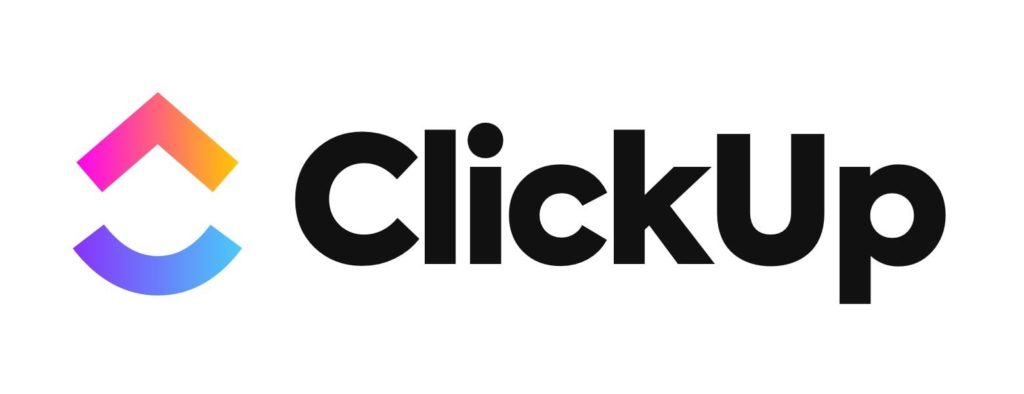 The ClickUp logo features a gradient arrow icon pointing upward, followed by the word "ClickUp" in bold black letters.