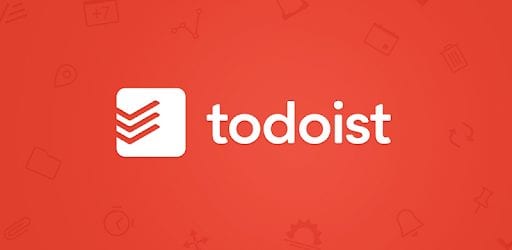 Todoist app logo on a red background with various task-related icons.