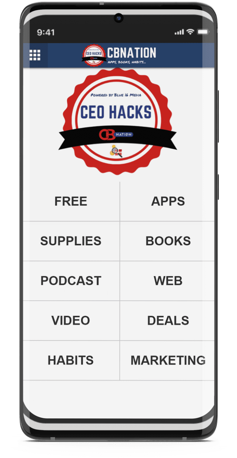 Smartphone screen showing a navigation menu for CEO Hacks. Menu options include Free, Apps, Supplies, Books, Podcast, Web, Video, Deals, Habits, and Marketing.