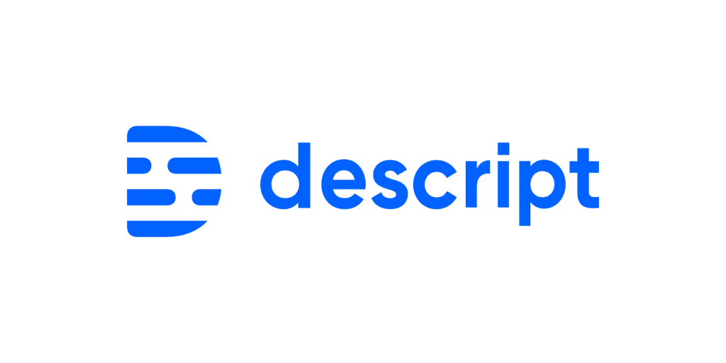 The image shows the Descript logo, which consists of a stylized letter "D" composed of three horizontal lines and dots, followed by the word "descript" in blue lowercase letters.