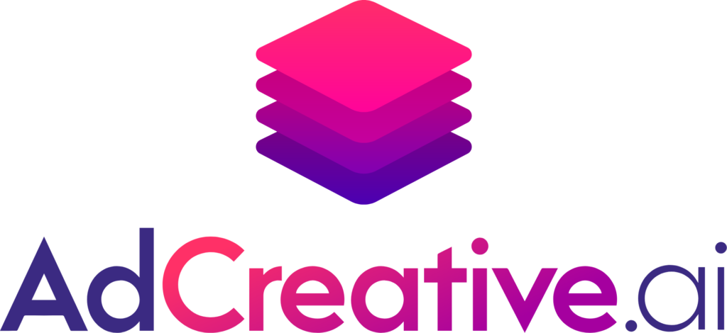 Logo of AdCreative.ai featuring a three-layered, gradient stack in pink and purple above the company name in stylized text.
