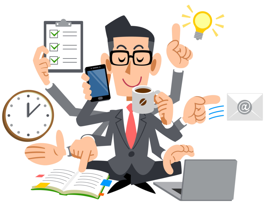 Illustration of a multitasking person in a suit with multiple arms, handling a clipboard, phone, coffee, light bulb, clock, book, and laptop.